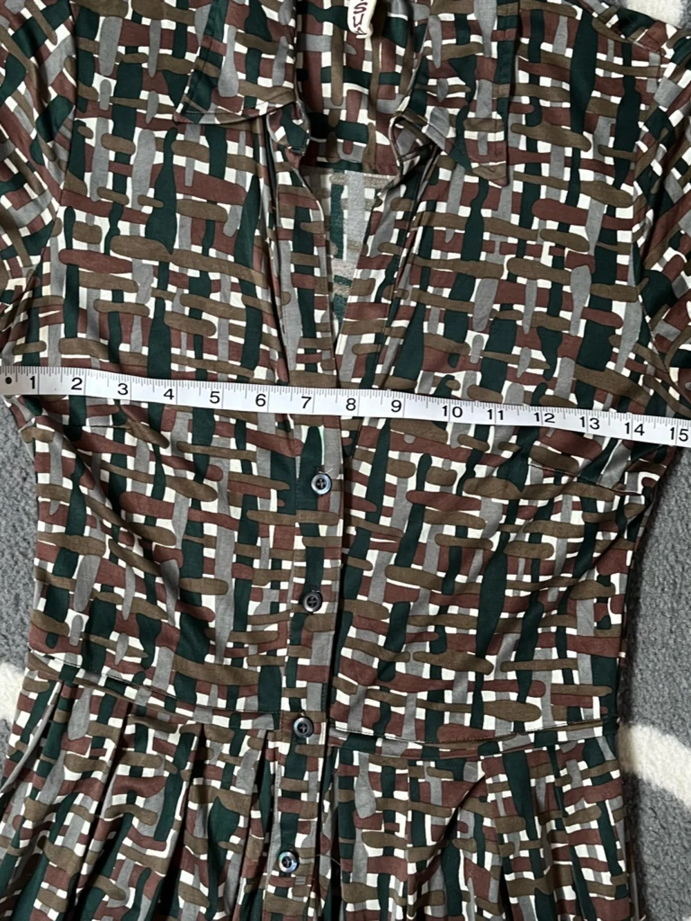 S SUNG Silk Button-Front Geometric Print Dress in Brown, Green & White Medium - Picture 14 of 16